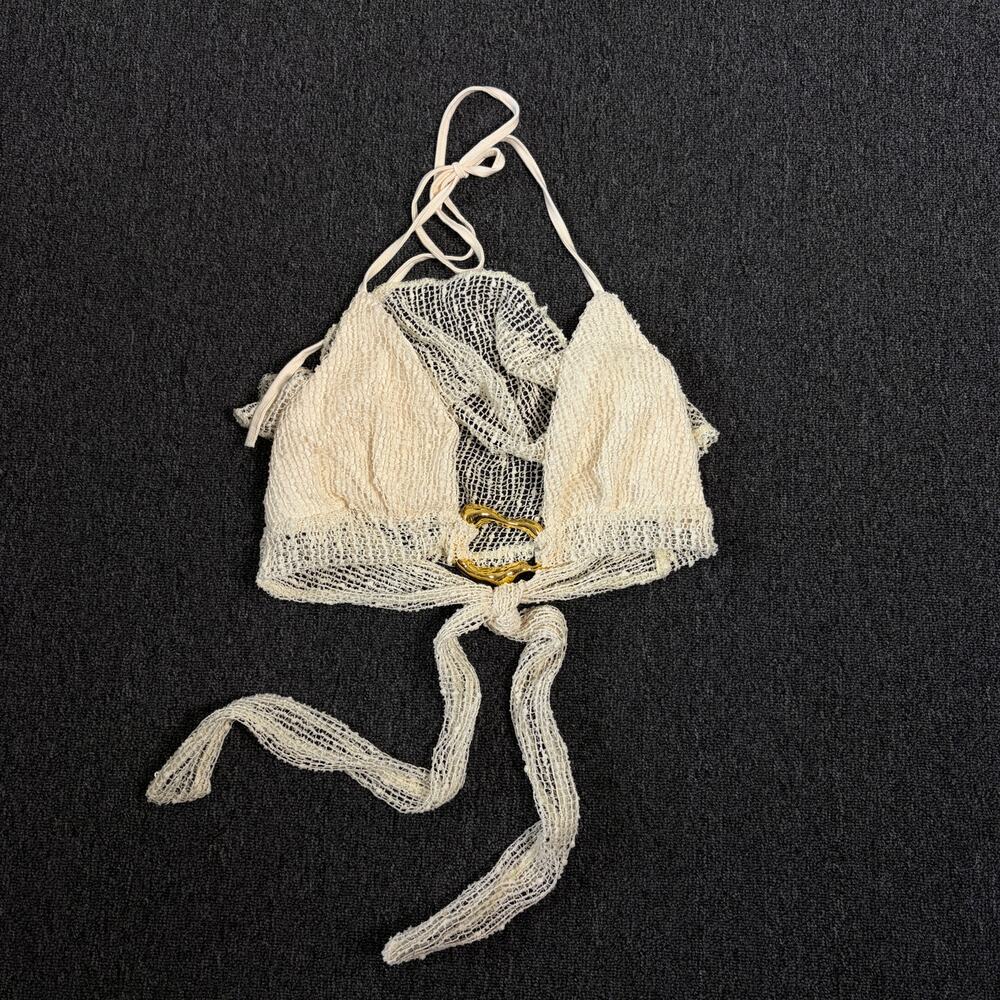 Vintage Y2k White Festival Knit Buckle Tie Mini Halter Top Women's Small